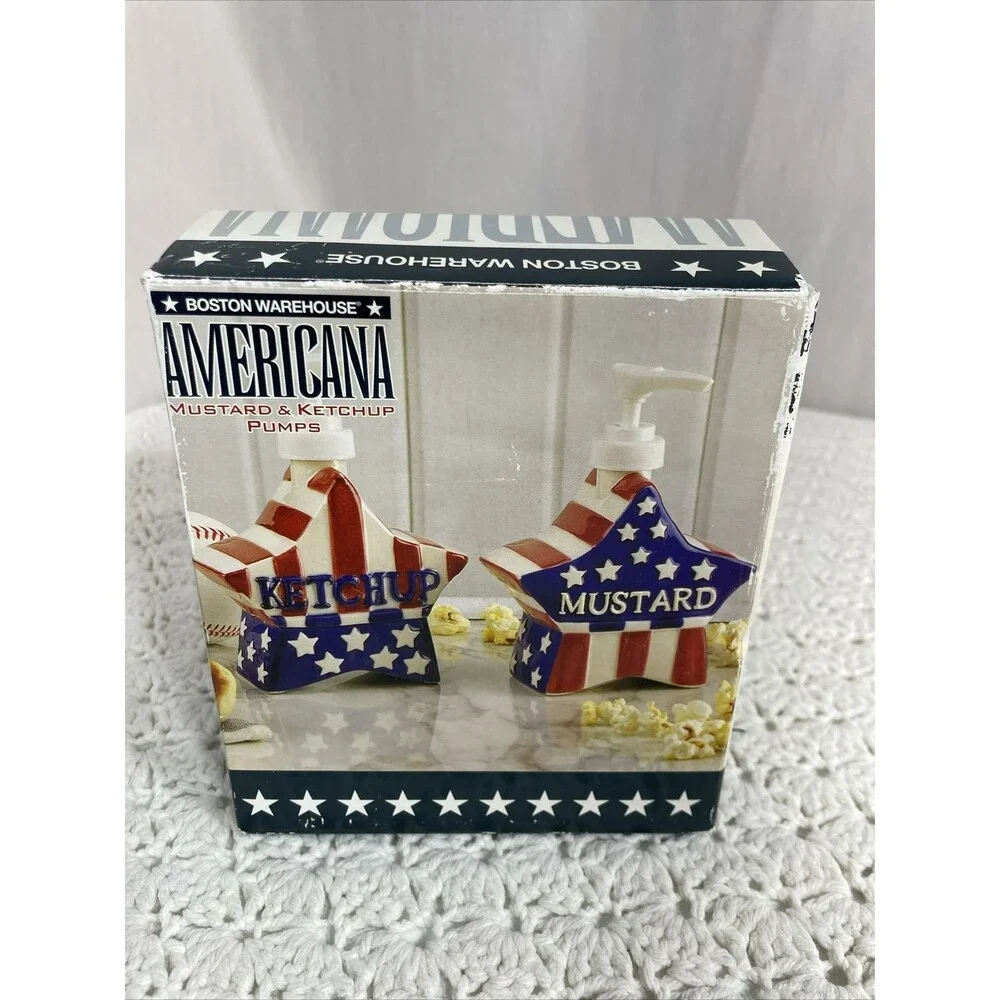 American Flag Mustard & Ketchup Catsup Pump Dispenser Set New Open Box